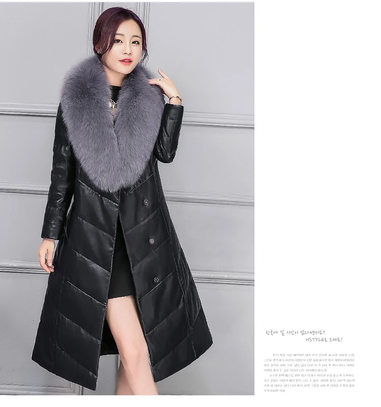 Kmeram, модная зимняя куртка, Женская Длинная кожаная куртка, женская мода, воротник из искусственного лисьего меха, теплая куртка, M-4XL, HH424