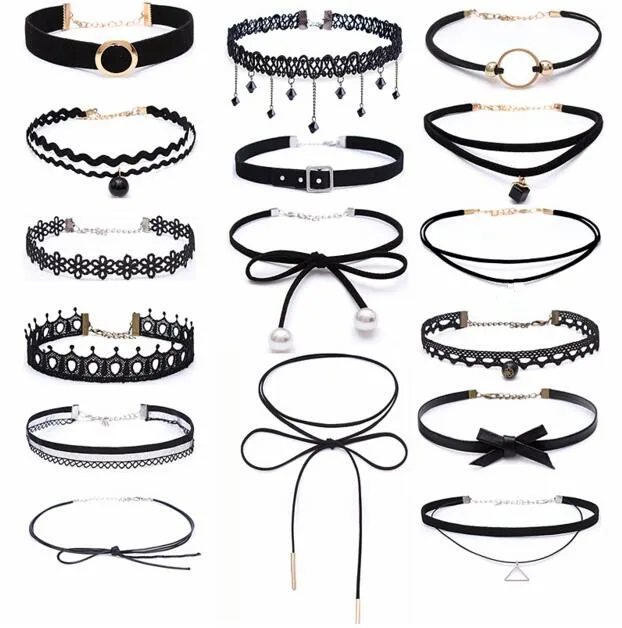 

Vintage Triangle Geometry Tattoo Waterdrop Clavicle Necklace Leather Punk Bow Tie Crystal Necklace Gothic Pendants Women Choker
