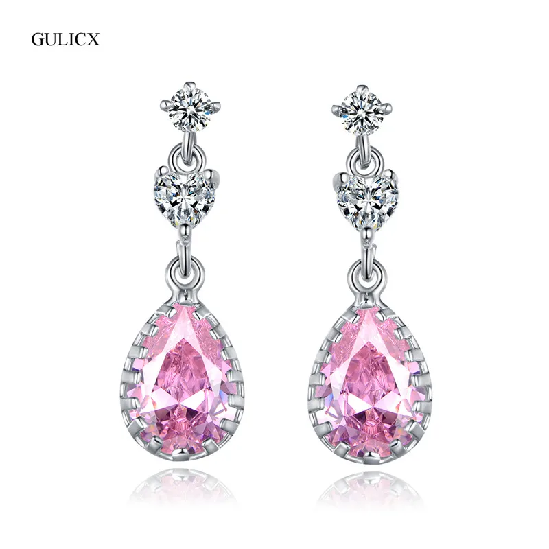 

GULICX Fashion Long Teardrop Earring White Gold-color Purple Cubic Zirconia Crystal Wedding Dangle Earring for Women E011