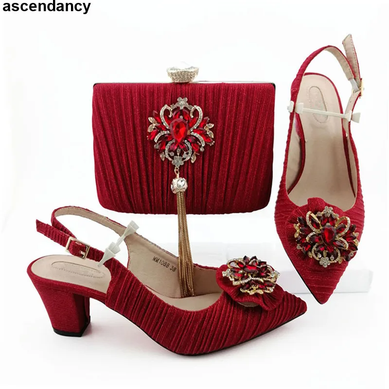 

Shoes and Bag Set African Sets 2019 Summer High Heeled Shoes for Women Nigerian Women Party Pumps with Purse Block Heel Shoes