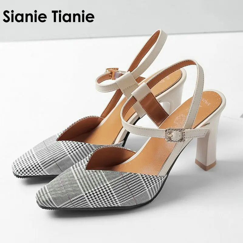 

Sianie Tianie Houndstooth Retro Ankle Wrap High Heels Sandals Women Pumps Thin Heel Summer Shoes Fashion Pompes de femme size 46