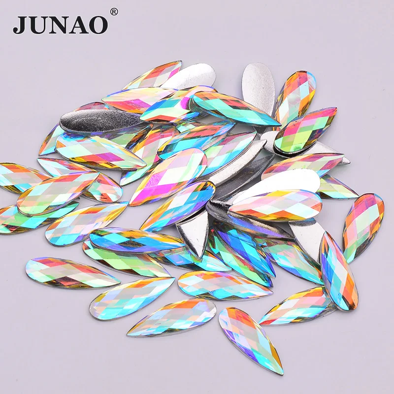 

JUNAO 100pc 8*22mm Glitter Crystal AB Drop Resin Rhinestone Applique Flatback Face Crystal Strass Non Sewing Stones for Crafts