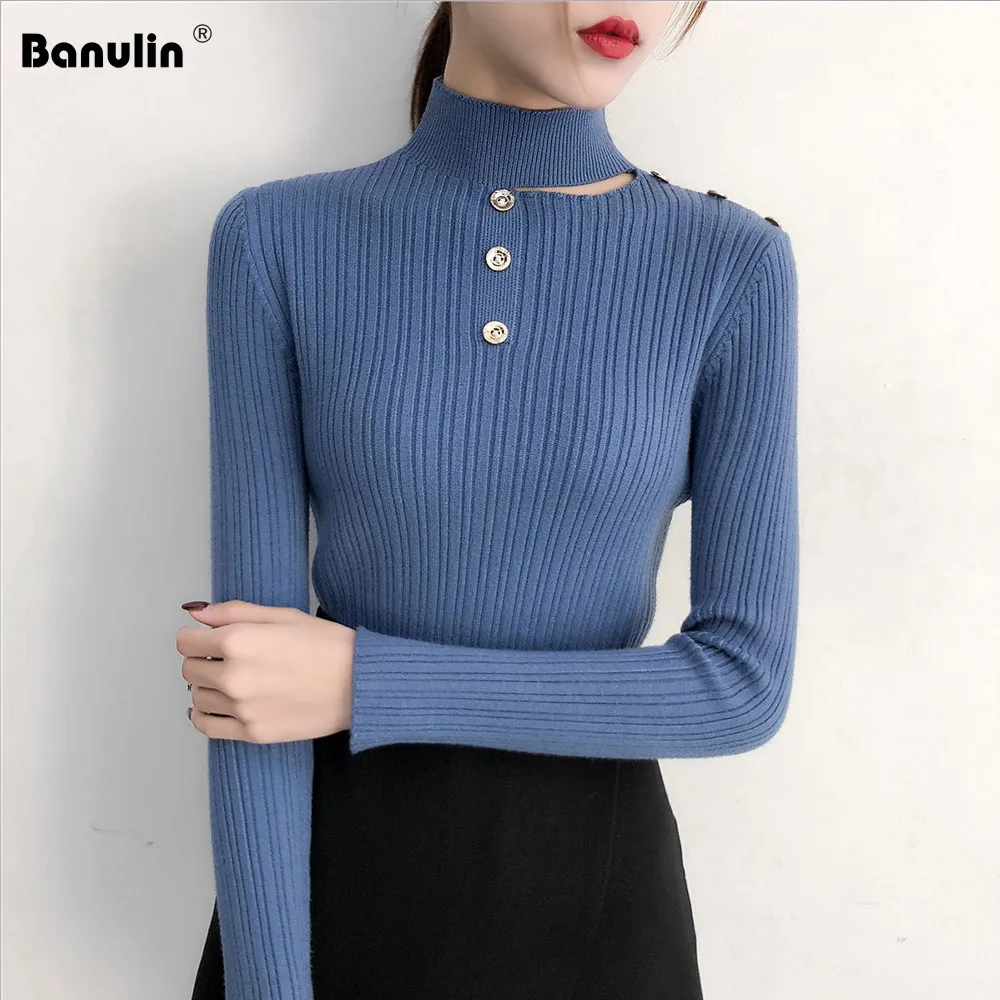 

New Fashion Button Turtleneck Sweater Women Spring Autumn Solid Knitted Pullover Women Slim Soft Jumper Sweater Female Knit Tops