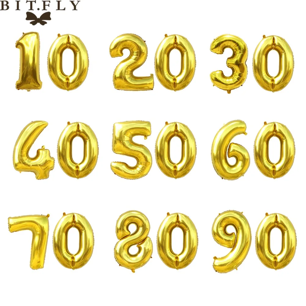 BIT. FLY 32 дюймов День рождения Золотой Серебряный Алюминиевые Воздушные шары из фольги в виде цифр 10 20 30 40 50 60 70 80 90 лет юбилейное украшение