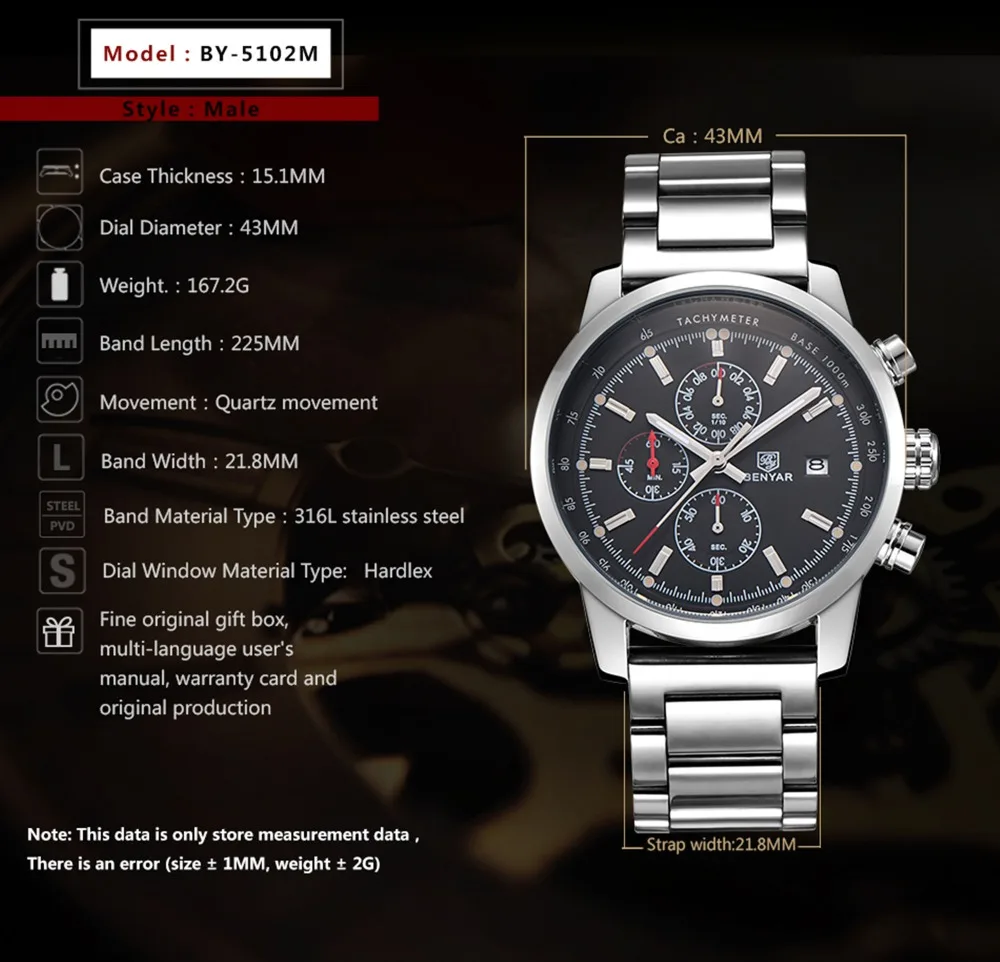 BENYAR деловые часы для мужчин Роскошные военные хронограф водонепроницаемые кварцевые часы Relogio Masculino дропшиппинг