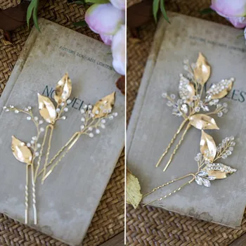 

Vintage Gold Leaf Bridal Hair Pins Clips Rhinestone Wedding Headpiece Women Hair Accessories Jewelry