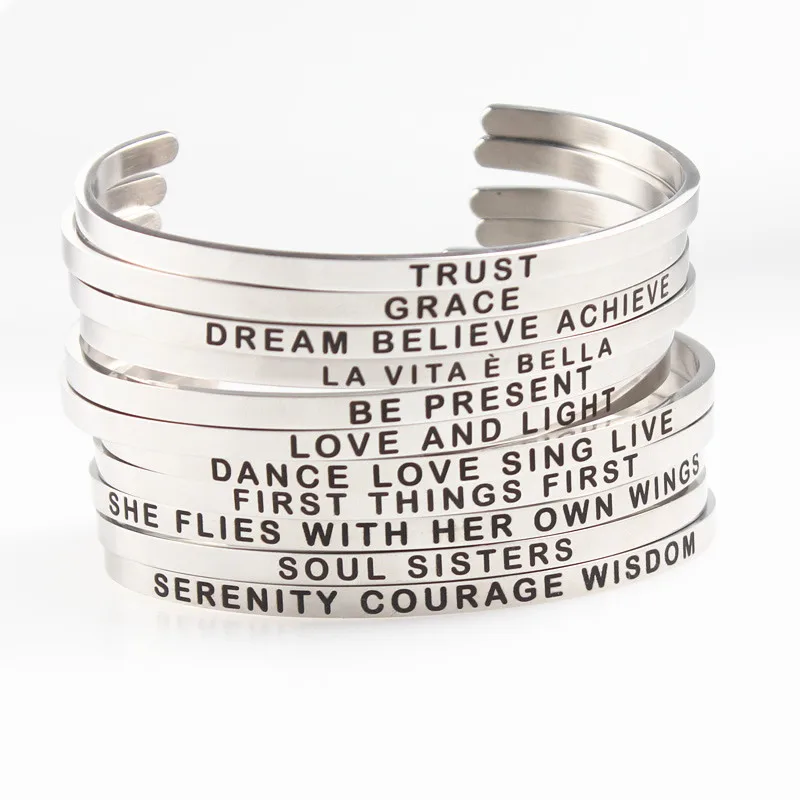 

Motivational Bangle With Letters Stackable Custom Engraved Inspirational Quote Stainless Steel Wholesale Mantra Cuff Bracelet