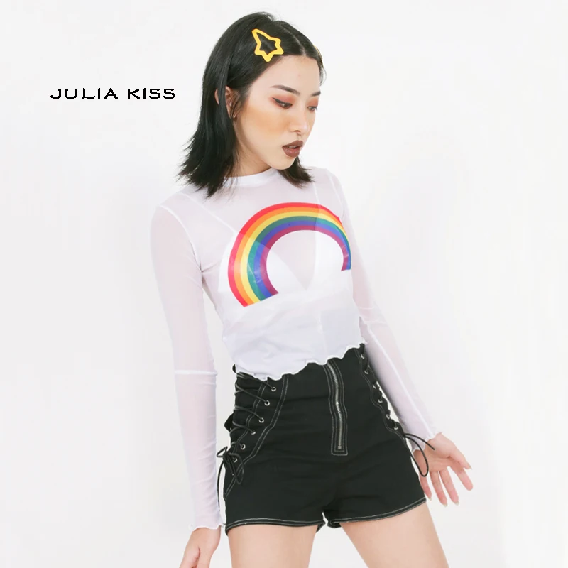 

Women Long Sleeve Rainbow Mesh Crop Top With lettuce edge