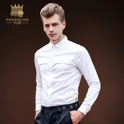 FANZHUAN 2017 Мужская белая однотонная рубашка с длинными рукавами, приталенный смокинг, Повседневная рубашка с вышивкой, рубашка осень-зима