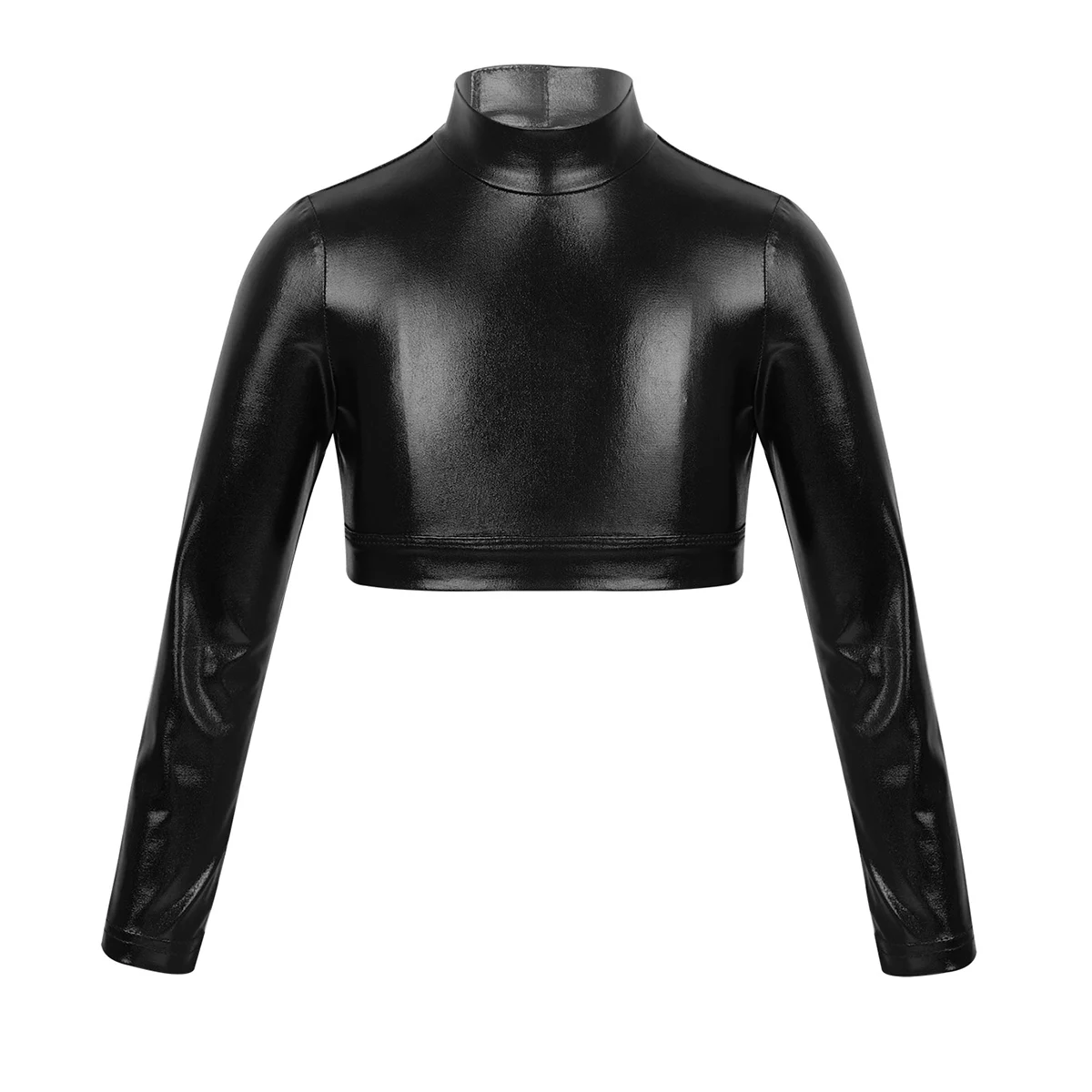 Children Kids Girls Long Sleeves Mock Neck Glossy Metallic Tops Crop Top for Dancing Stage Performance Ballet Class Dancewear - Цвет: Black