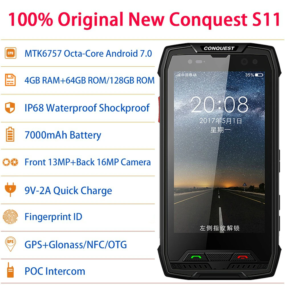 Conquest S11 7000 мАч NFC OTG IP68 Ударопрочный 4G Смартфон Android 7,0 4 Гб ОЗУ 64 Гб 128 Гб ПЗУ мобильные телефоны прочный мобильный телефон