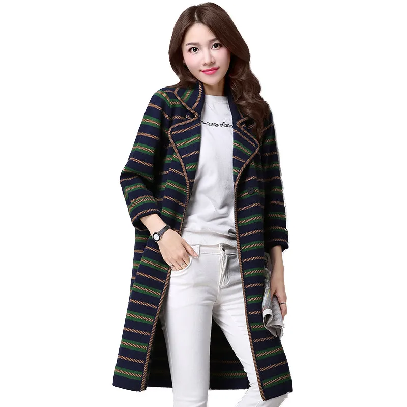 2016 Autumn New Knitted Cardigan Turn down Collar Medium Long Style Casual Sweater Jacket Striped Thicken Pocket Outerwear SS821