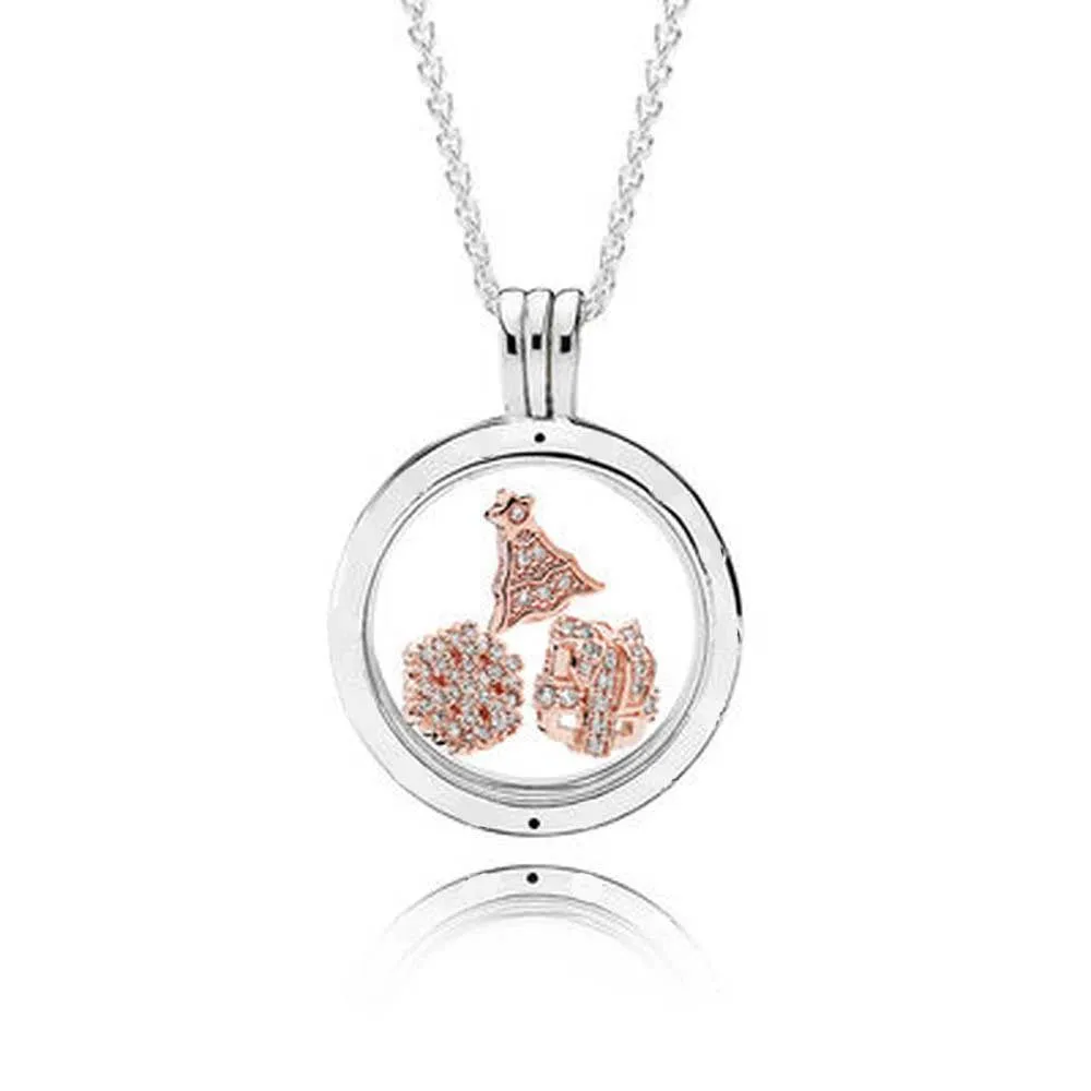 

100% 925 Sterling Silver ROSE FLOATING LOCKET SET fit charm original Necklace jewelry A set of prices