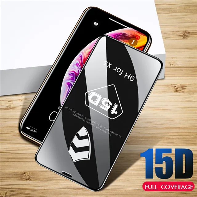 15D полное покрытие из закаленного стекла для iPhone 6 6s 7 8 plus XS MAX защитный чехол из стекла для iPhone X XS XR 6 6s 7 8 plus стеклянная пленка - Цвет: Черный