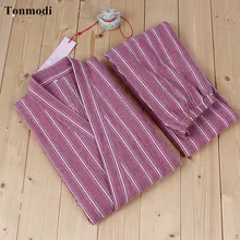 Японское кимоно хлопковые брюки с длинными рукавами кимоно для мужчин и женщин матч пижамный комплект полосатые пижамы женские