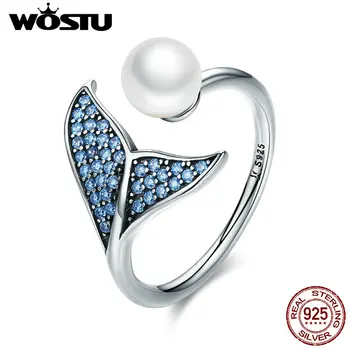 

WOSTU 100% 925 Sterling Silver & Pearl The Tail Of Mermaid Adjustable Rings for Women Luxury S925 Silver Jewelry Gift DXR286