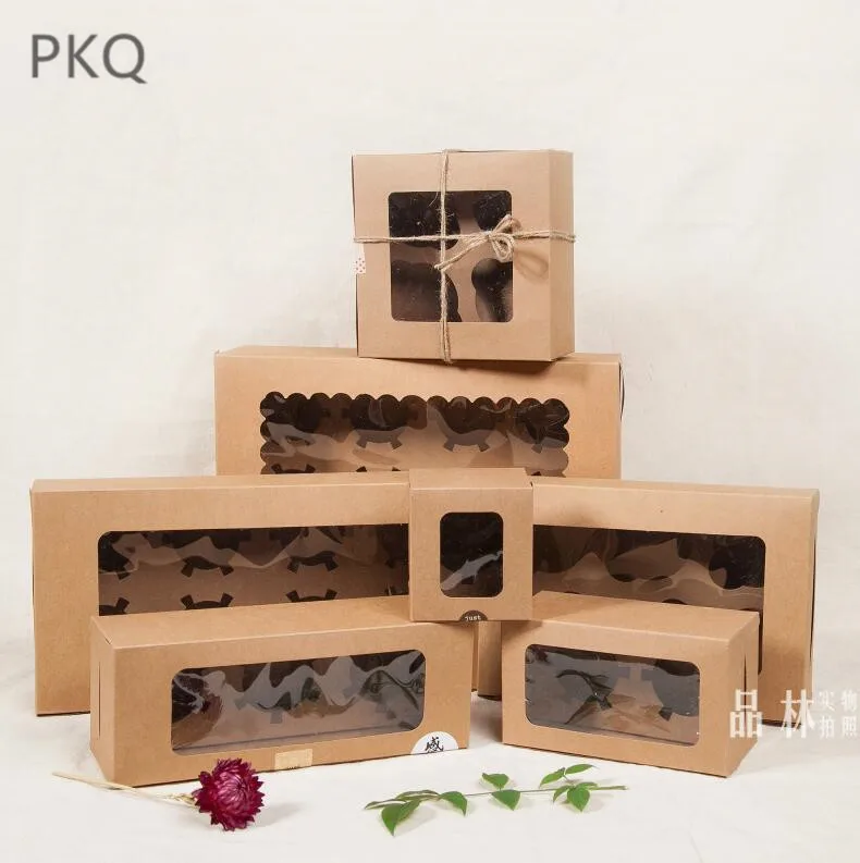 20 шт бумажные упаковочные коробки для кексов, коричневая крафт-бумага, коробка для торта, окно, подарочная упаковочная коробка, синие свадебные, домашние, вечерние, коробка для муссов