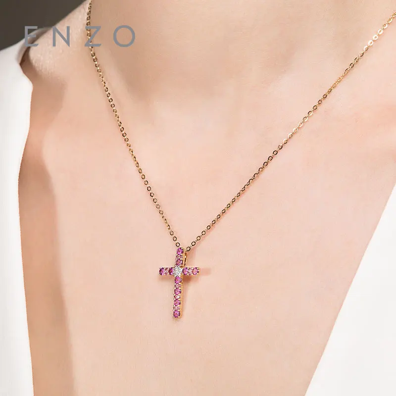 

ENZO Cross Shape Natural Gemstone Certified Garnet with Genuine 18K Yellow Gold Pendant Nice Jewelry