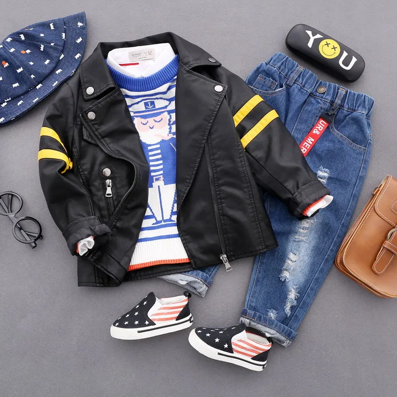 

Children PU Leather Jacket Boys Autumn Leather Coat Boy Spring Jacket Children Black Stripes Waterproof Casual Outerwear 2T-9T