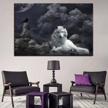 

Canvas Painting Wall Art HD Prints Framework 1 Piece Black Crow And White Wolf Pictures Animals Night Poster Living Room Decor
