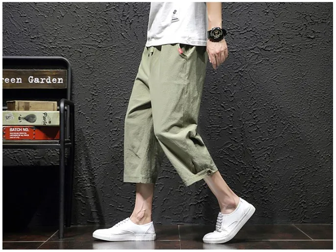 army green Летние мужские модные хлопковые льняные базовые брюки в японском стиле, укороченные брюки, большие размеры, повседневные свободные тонкие брюки DS50782 - Цвет: army green