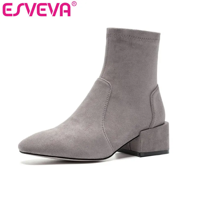 

ESVEVA 2020 Women Shoes Winter Ankle Boots Western Style Square Med Heel Flock Motorcycle Platform Boots Size 34-39