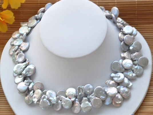 

huij 003031 2row 18" 16mm gray COIN FRESHWATER CULTURED pearl necklace