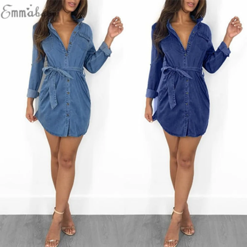 

Women's Blue Jeans Denim Pocket Long Sleeve T-shirt Loose Dress