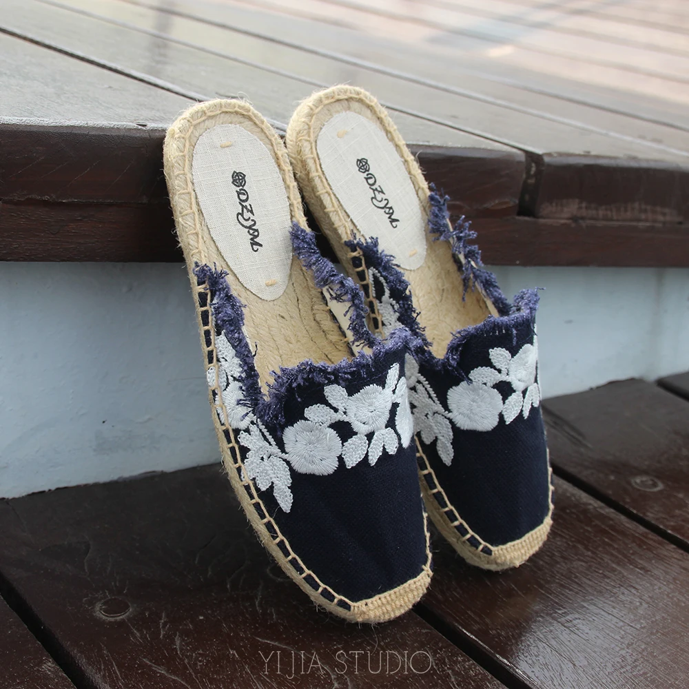 

2019 women summer espadrilles slipper emboridery upper in navy blue color
