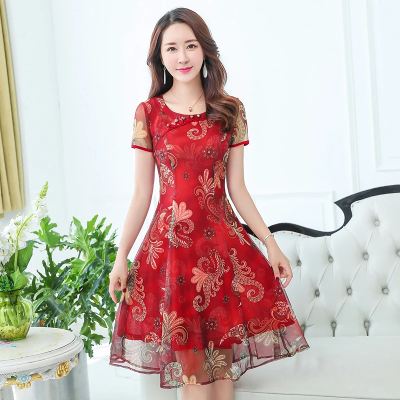 

2019 New Retro Summer Chiffon Dress Chinese Style Large Size M-5XL Short Sleeve Red Elegant Print Vintage Dress Female