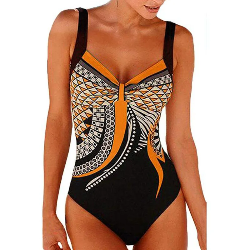 Kaufen 2020 schwarz Vintage Print Floral Plus größe Badeanzug Tankini Ein stück Bademode Frauen Bandeau Weibliche Badeanzug Gepolsterte monokini