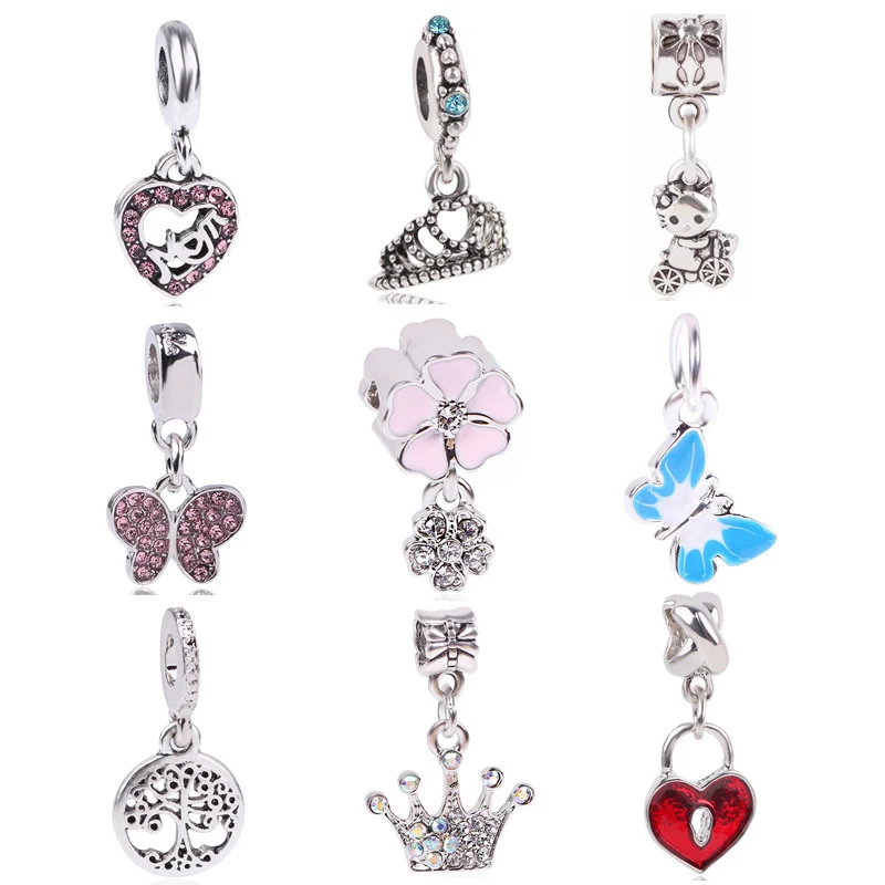 

AIFEILI Original Silver Color Charms Butterfly Tree Crown MOM CZ Crystal Beads For Pandora Bracelets DIY Pendant Jewelry