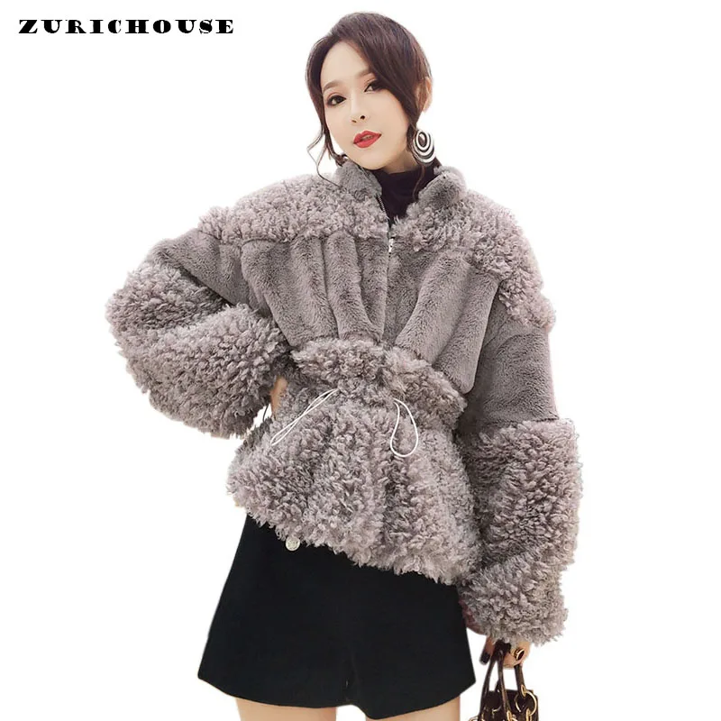 

ZURICHOUSE Bunch Waist Faux Fur Coat Women Winter 2019 Thick Warm Faux Furry Lambswool Female Jacket Plush Coat Overcoat