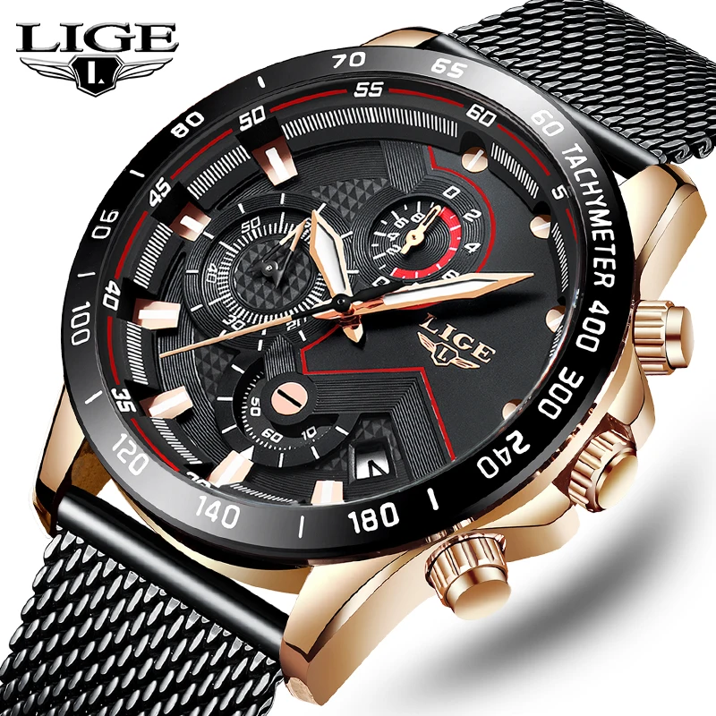 

LIGE Top Brand Luxury Watch Men's Business All Steel Mesh Belt Sports Watch Quartz Clock Military Chronograph Waterproof Watch M