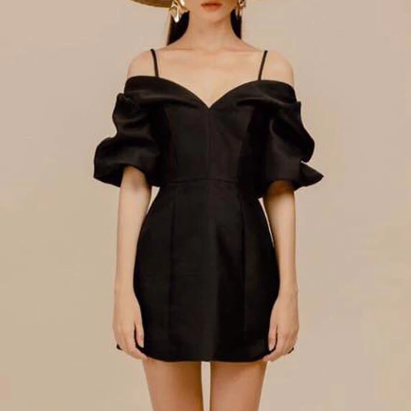 INDRESSME Новое Женское платье трапециевидной формы на бретельках с v-образным вырезом и оборками и короткими рукавами, маленькое черное платье мини-футляр в стиле ампир