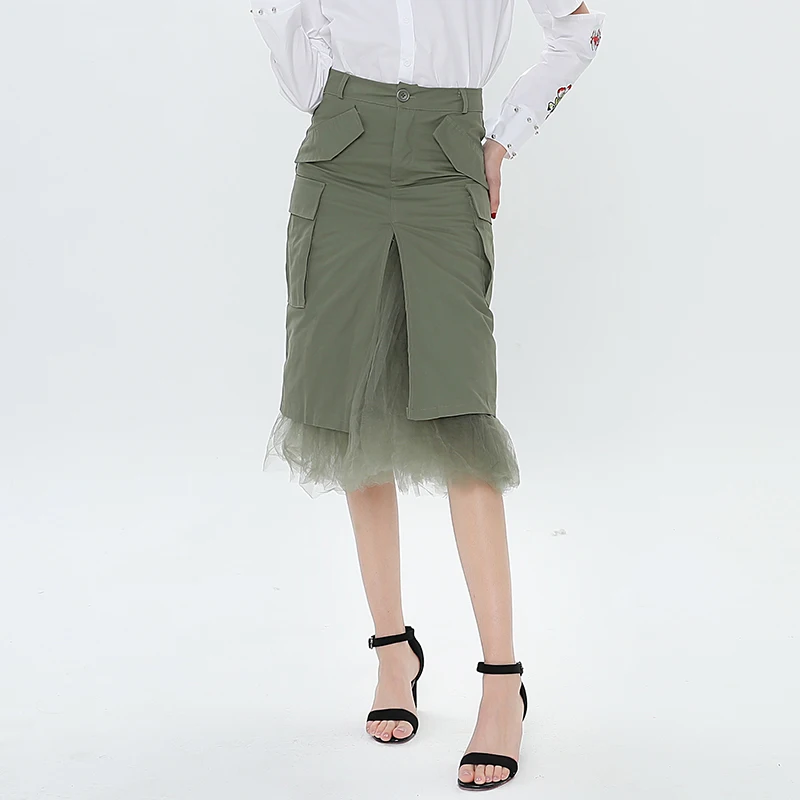 TWOTWINSTYLE лоскутное тюль юбки для женщин высокая талия Сплит Женская юбка с карманами армейский зеленый модная одежда корейский большой размер