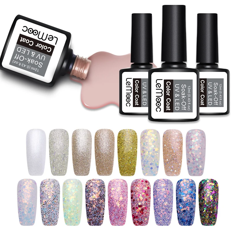 

LEMOOC 12ml Shimmer Glitter Nail Gel Polish Shining Sequins Soak Off UV Gel Varnish Manicure Nail Art Laquer