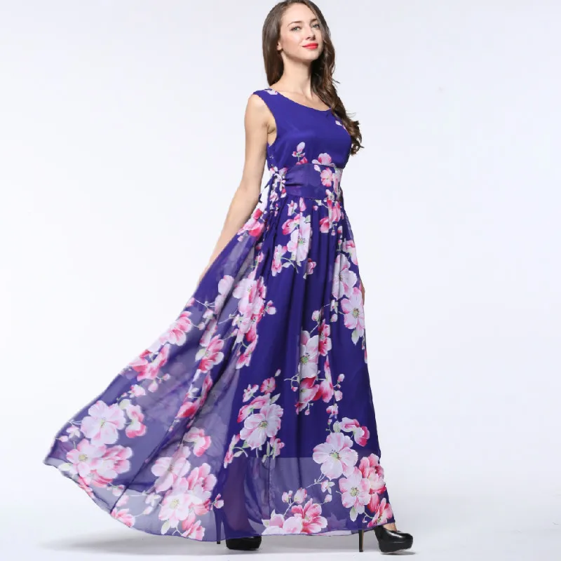 

TUHAO Chiffon Big Swing Plus Size 6XL 5XL 4XL Print Flower Women Dress 2018 Summer High Waist Maxi Women's Beach Dresses CM115