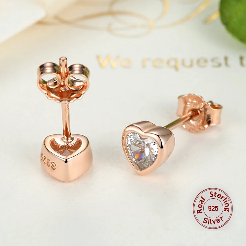 

925 Sterling Silver Love heart Stud Earrings for Children,s925 silver Clear CZ Female Brincos for Woman Fine baby girls Jewelry