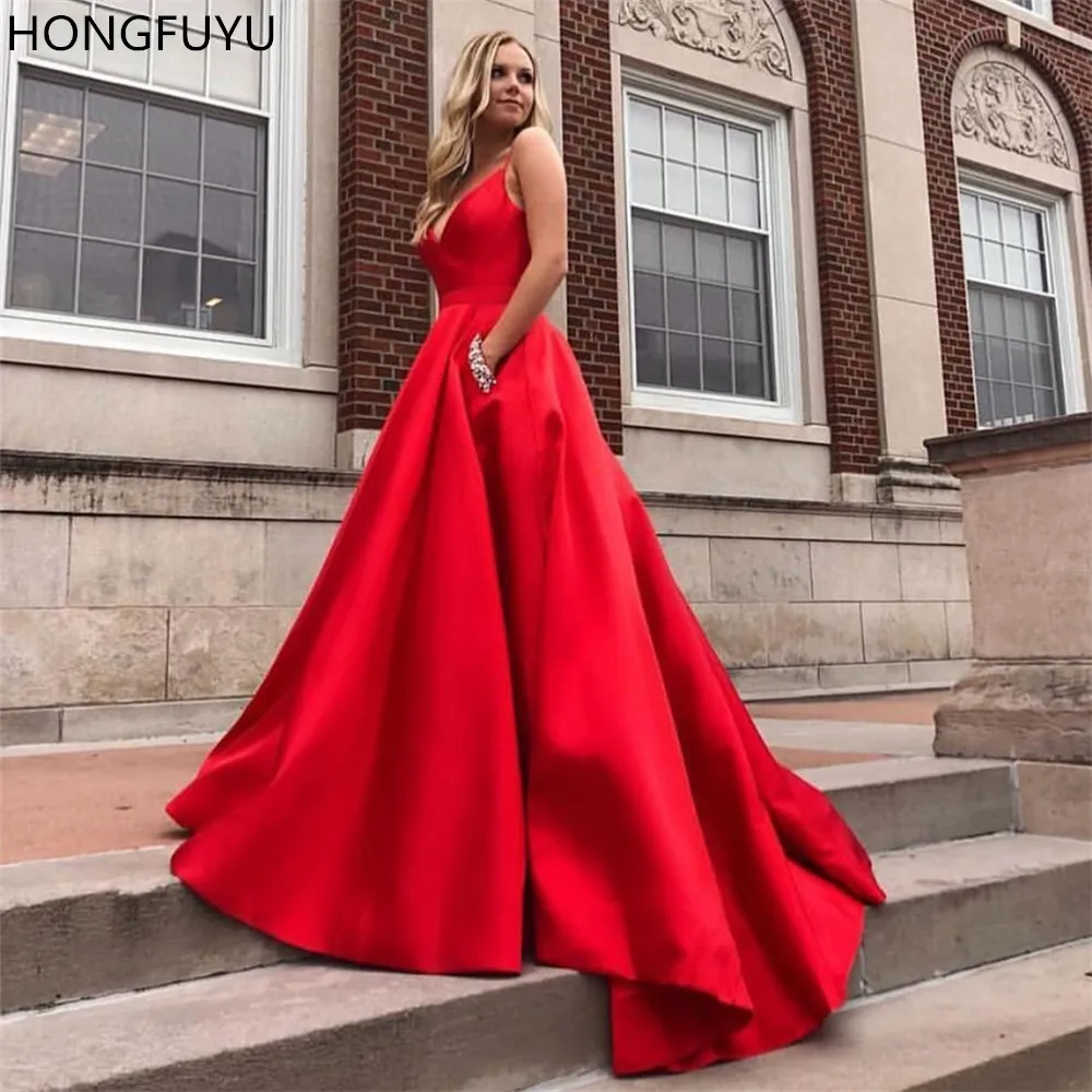 HONGFUYU красные платья для выпускного со стразами карманы v-образный вырез А-силуэт Атлас Vestido De Formatura женское торжественное вечернее платье поезд