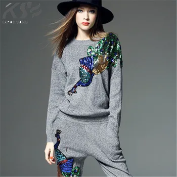 

2018 Autumn Winter New Heavy Industry Peacock Beads Embroidery Knitted Sweaters + Harlon Pants Two-piece Set