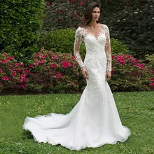 Кружева Иллюзия каскады над атласом на этом Русалка свадебное платье суд длина с длинными рукавами чистой спиной свадебное платье