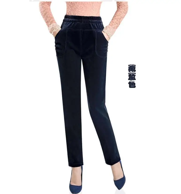 Новые осенние и зимние женские вельветовые брюки плюс бархатные брюки размера плюс 4xl с высокой эластичной талией Прямые брюки - Цвет: dark blue