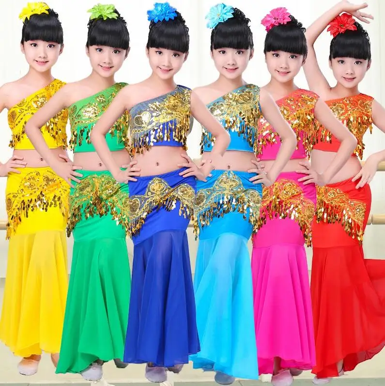 

New Chinese Traditional Dress Girls Women Dai National Folk Fan Dance Costume Long Mermaid Peacock Dance Costume Dress