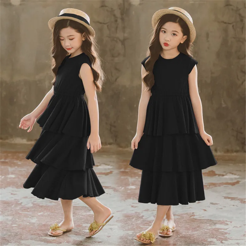 

Black 3 Layer Cake Dress for Girls Summer Elegant Princess Teens Girl Party Frock Kids Cotton Maxi Long Children Evening Dresses