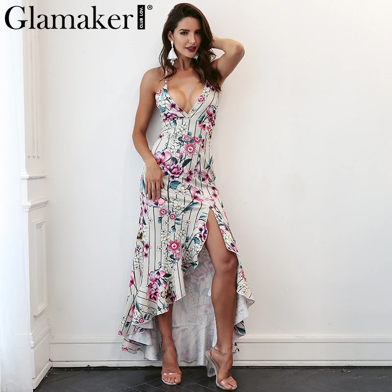 Glamaker, платье с цветочным принтом, женское летнее платье,, с разрезом, с рюшами, макси, Пляжное, бохо, с открытой спиной, сексуальное вечернее платье, vestidos robe