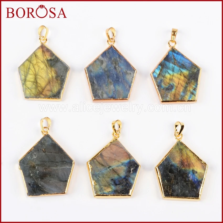 

BOROSA Hexagon Shape Natural Labradorite Faceted Pendant,Sparkling 1piece Gold Color Druzy Gems Stone Pendant Beads G0541
