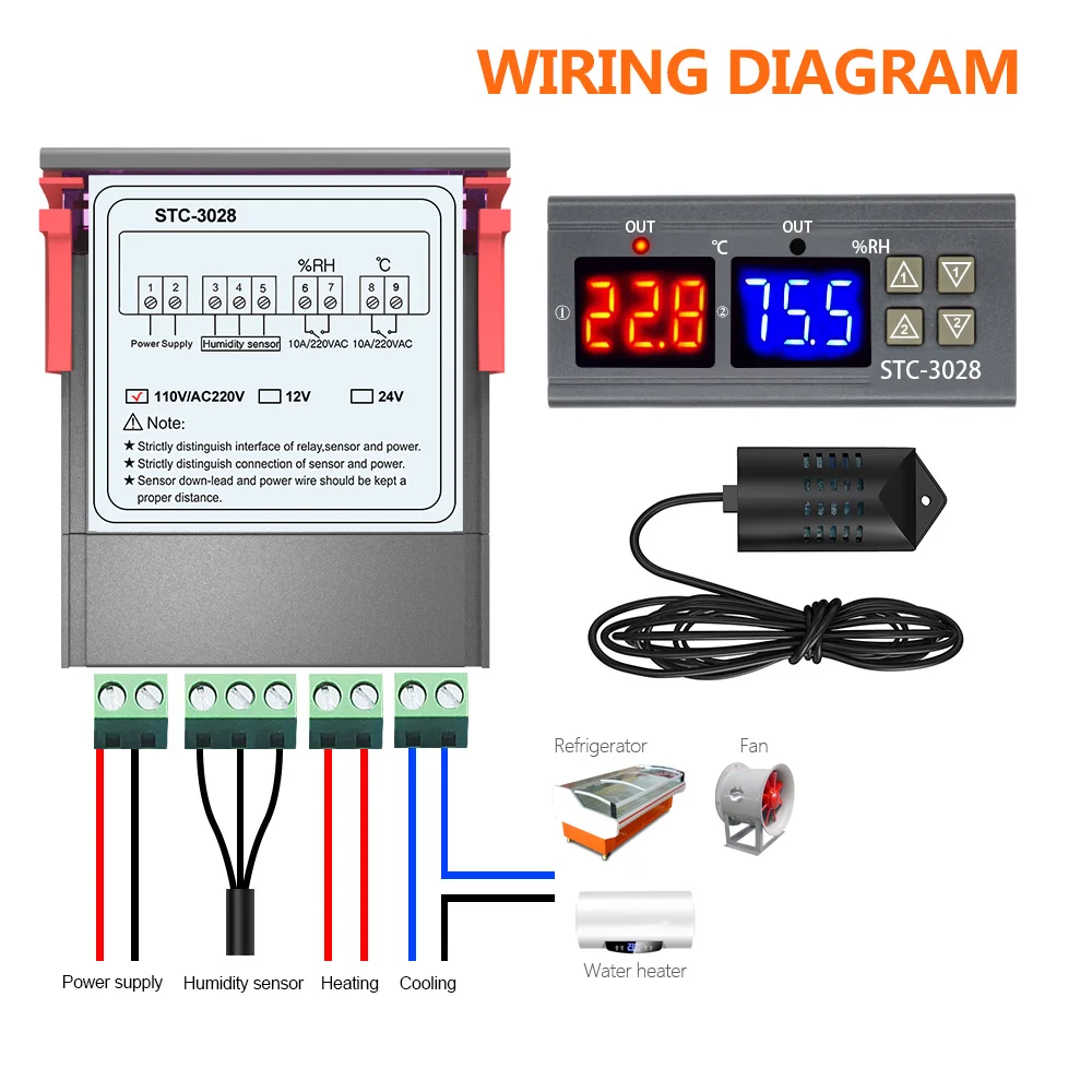 AC 110V 220V 12V 24V двойной цифровой регулятор температуры и влажности SHT2000 STC-3028 термостат гигрометр