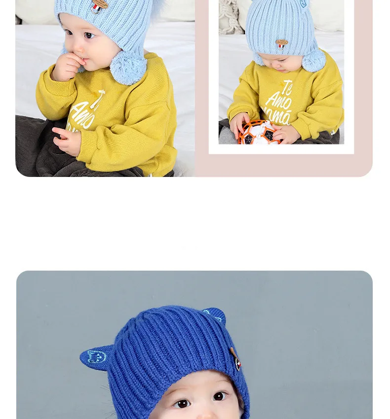 New Baby Knit Hat Autumn And Winter Thickening Female Baby Winter Hat  With Hair Ball Newborn Wool Hat Out Of The Ear Cap GCG42 (12)