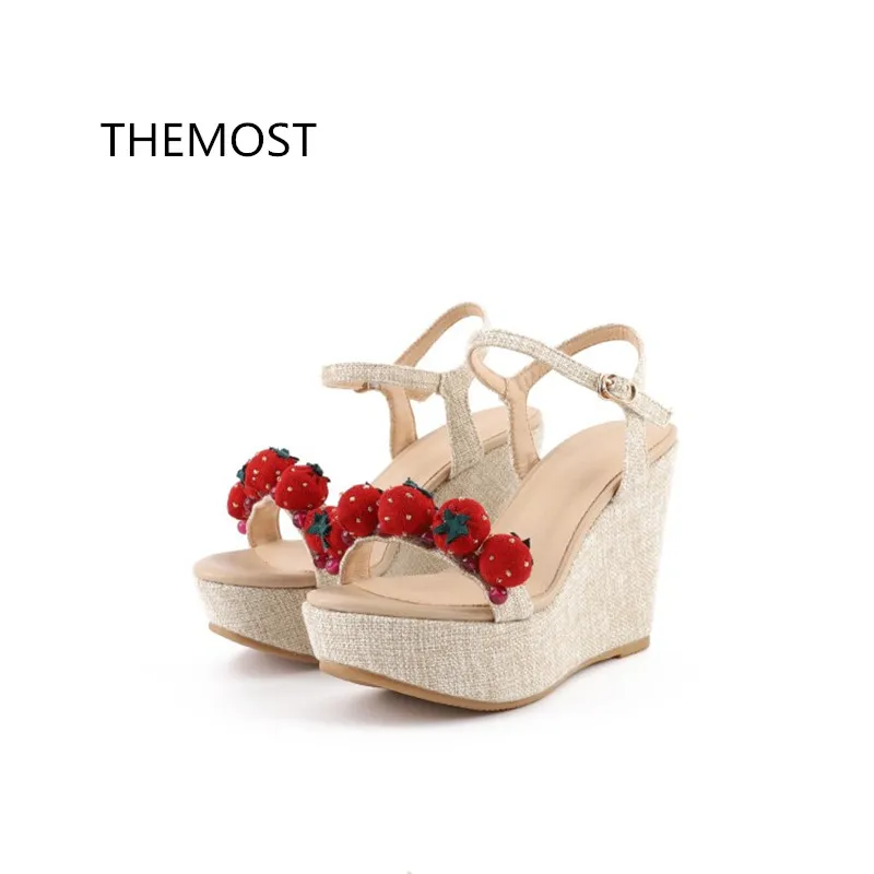 

THEMOST Strawberry sexy wedge heels Belt buckle The Roman style High-heeled sandals Mixed Colors Waterproof Taiwan